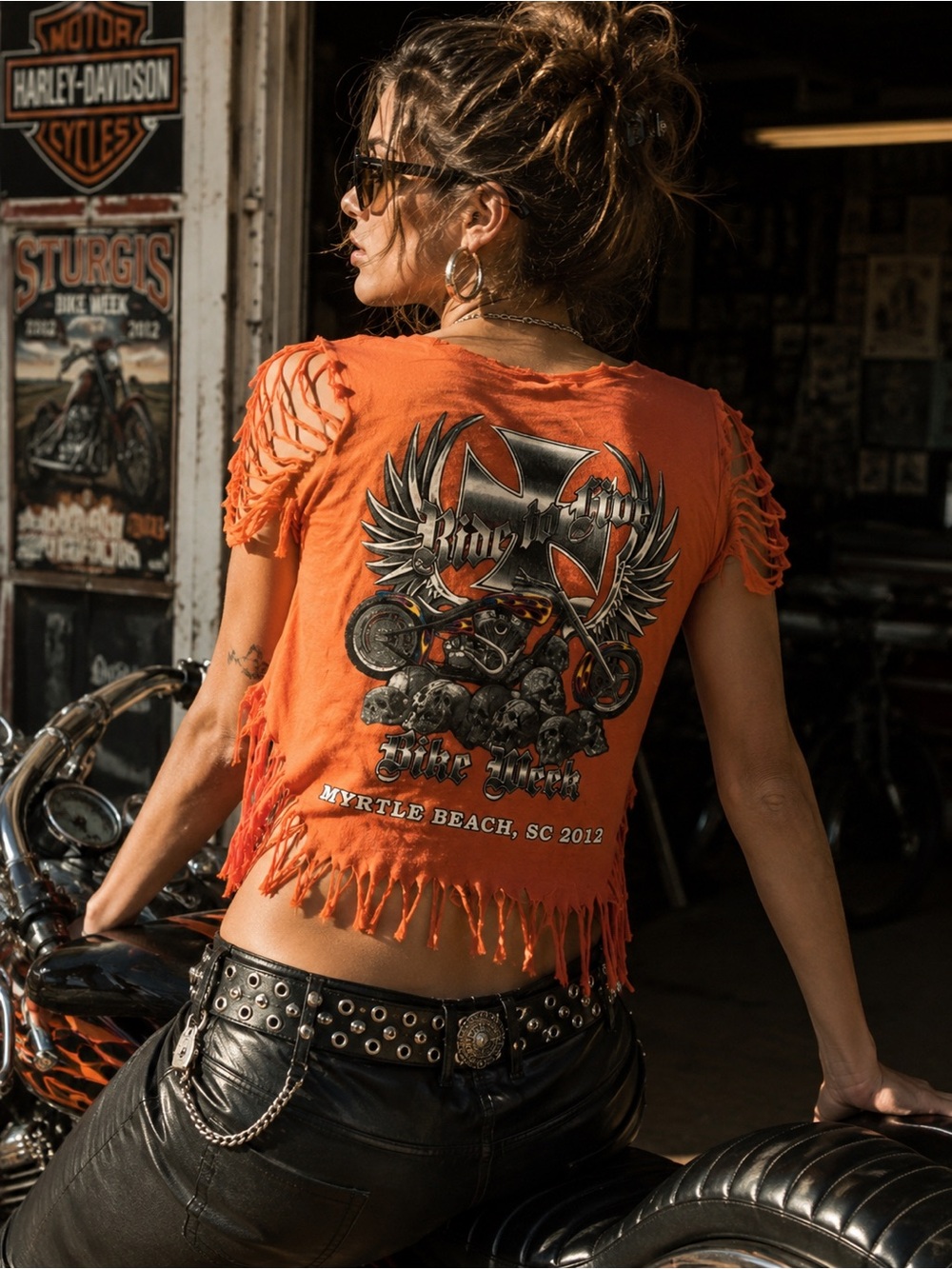 Orange Graphic Tee with Biker Design Handcutvfringe Myrtle Beach Bike Week 2012